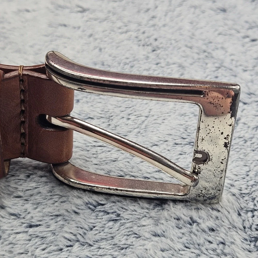 Johnston Murphy Belt Mens Size 44 Brown Leather White Stitch Silver Buckle Dress